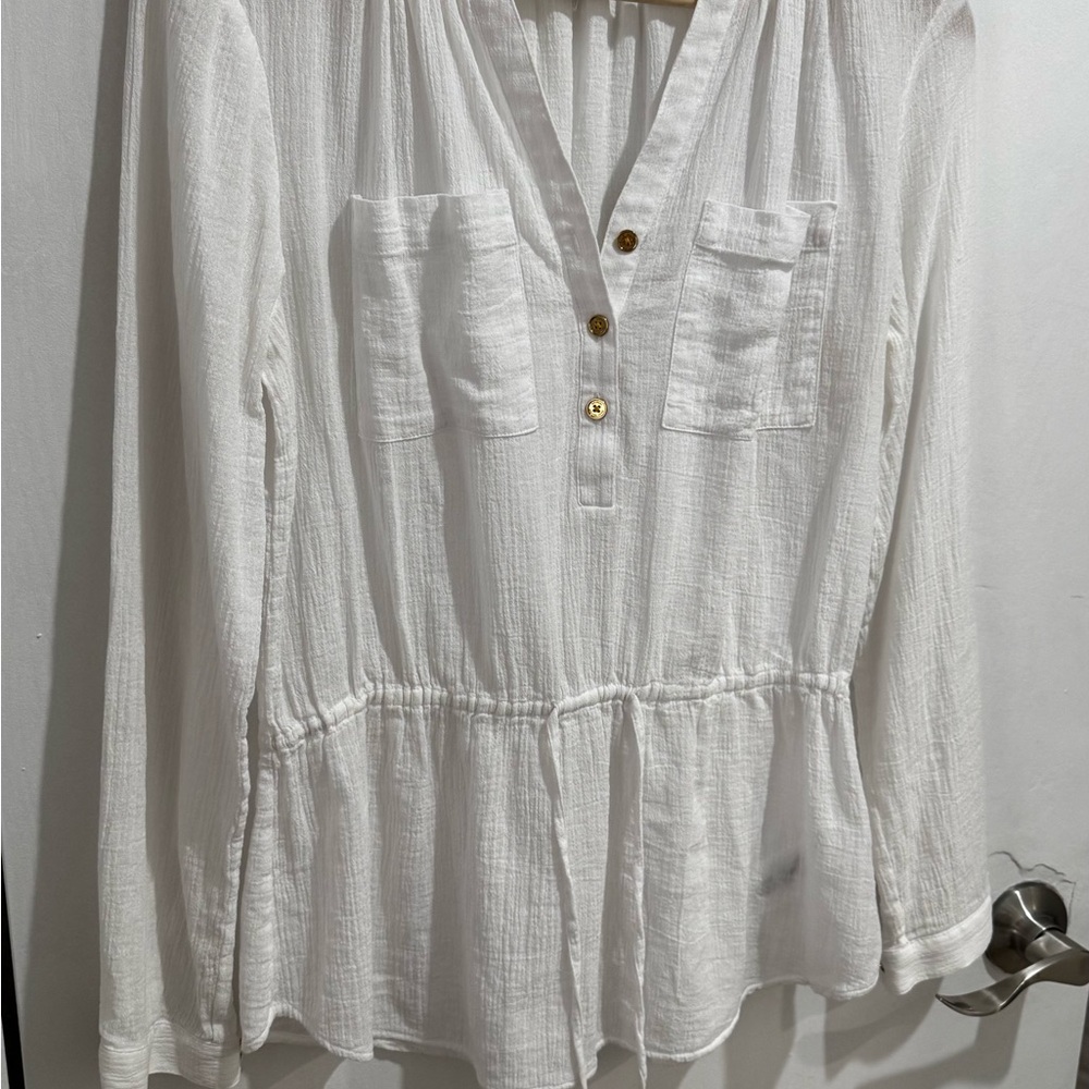Michael Kors White Long-Sleeve Peplum Tunic with Gold Buttons